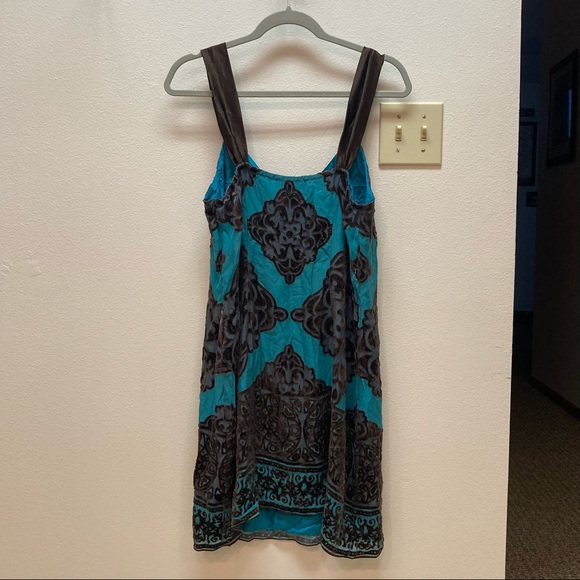 Hale Bob Turquoise Blue & Brown Velvet Beaded Silk Slip Dress - Picture 9 of 9